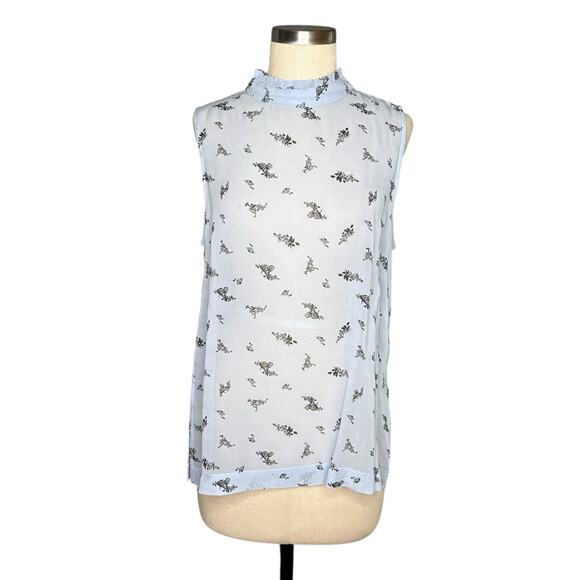 GANNI Blue Floral Print Sleeveless Blouse Ruffle Neck Women's Size 40 US 8/10 - Picture 1 of 11